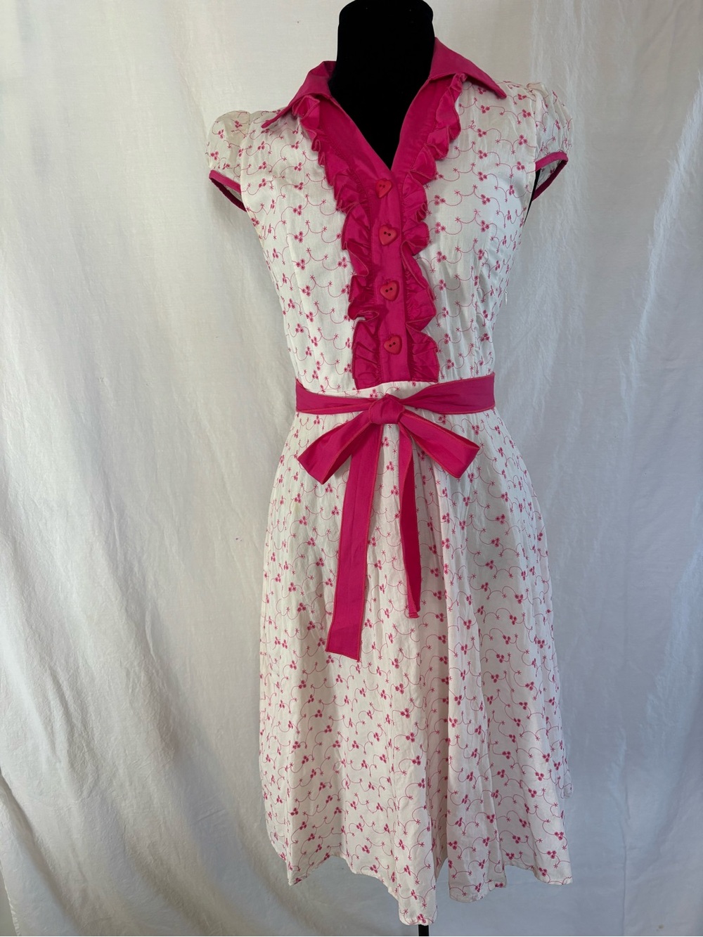 Vintage Inspired Pink White Fit & Flare Pinup Retro Coquette Cottagecore Ruffle